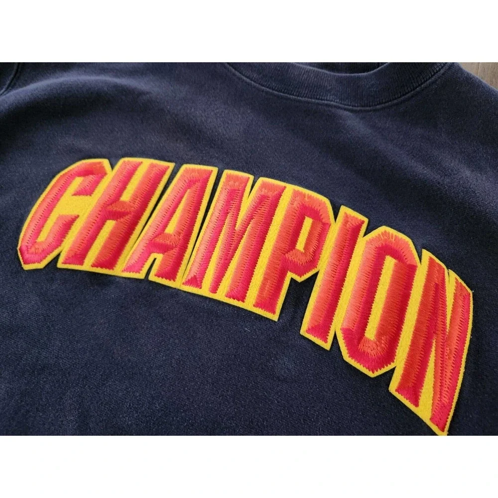 Vintage Champion Reverse Weave Navy Blue Spellout Gold Crewneck Sweatshirt Sz M - Picture 5 of 7